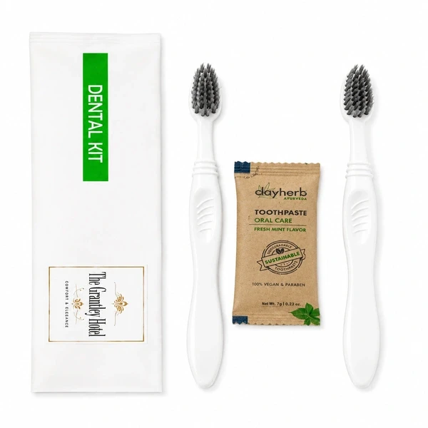 2 Toothbrushes + 1 Clayherbs Toothpaste Sachet with White Dental Kit Pouch