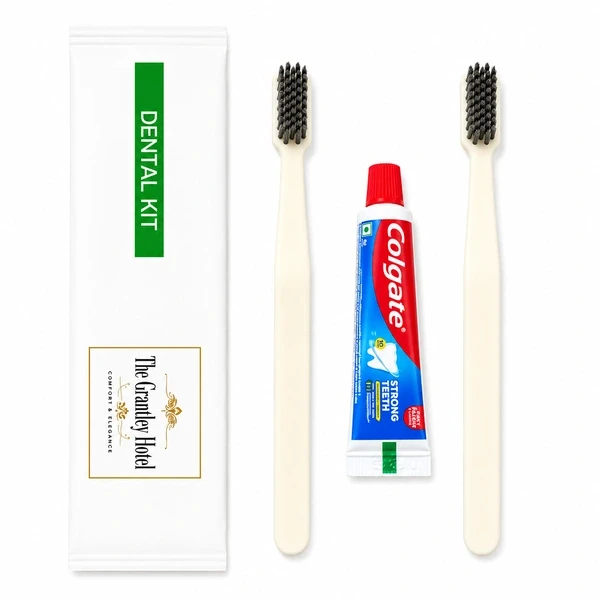 2 Corn Starch Toothbrushes + 1 Colgate Toothpaste with White Dental Kit Pouch