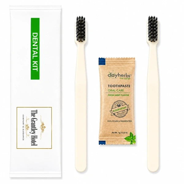 2 Corn Starch Toothbrushes + 1 Clayherbs Toothpaste Sachet with White Dental Kit Pouch