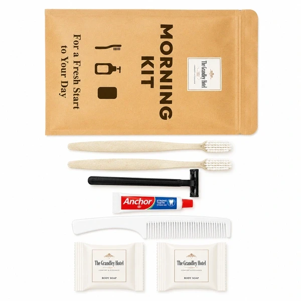 Morning Kit with Logo – 2 Wheat Straw Toothbrushes (White Bristles), 1 Personal Shaving Razor, 1 Anchor Toothpaste, 1 Hair Brush & 2 Body Soaps