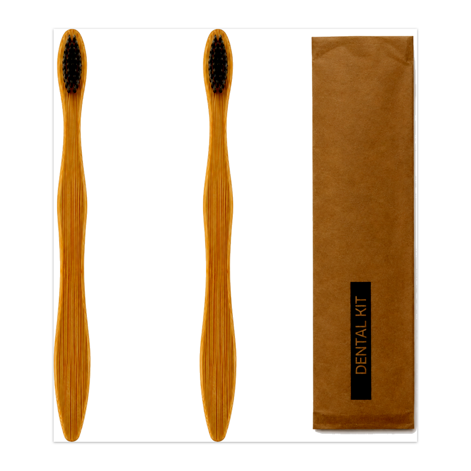 2 Bamboo Toothbrushes with Brown Dental Kit Pouch