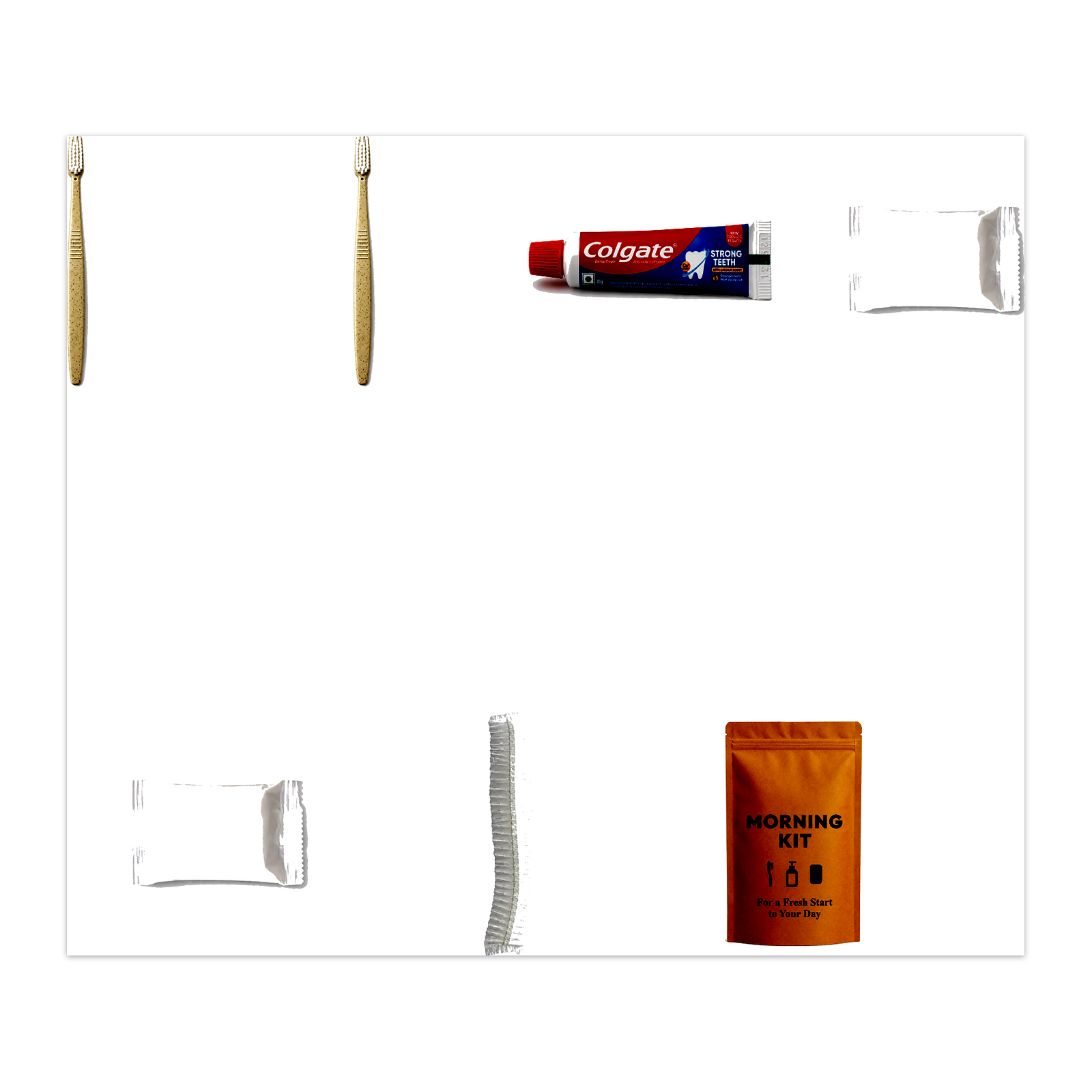 2 Wheat Straw Toothbrushes (White Bristles) + 2 Colgate Toothpastes + 2 Soaps + Shower Cap Morning Kit