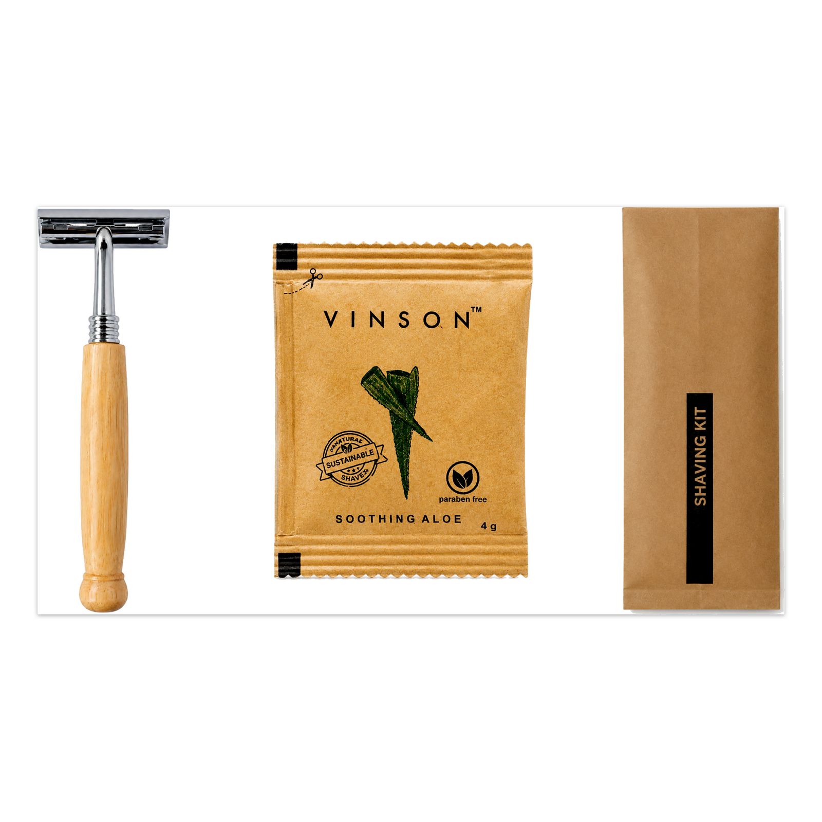 Wooden Razor, Vinson Shave Gel with Brown Comb Kit