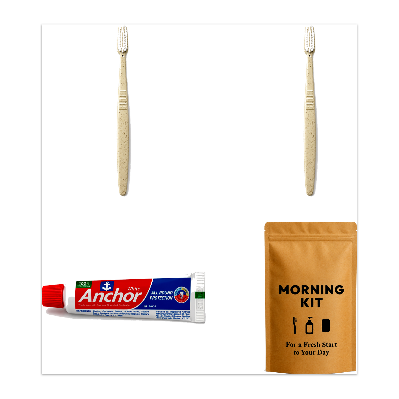 2 Wheat Straw Toothbrushes (White Bristles) + Anchor Toothpaste Morning Kit