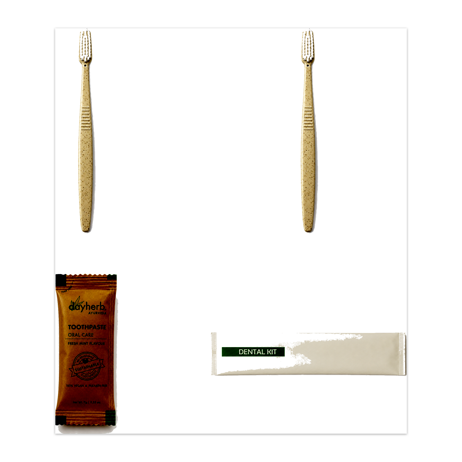 2 Wheat Straw Toothbrushes (White Bristles) & 1 Clayherbs Toothpaste Sachet with Dental Kit Pouch