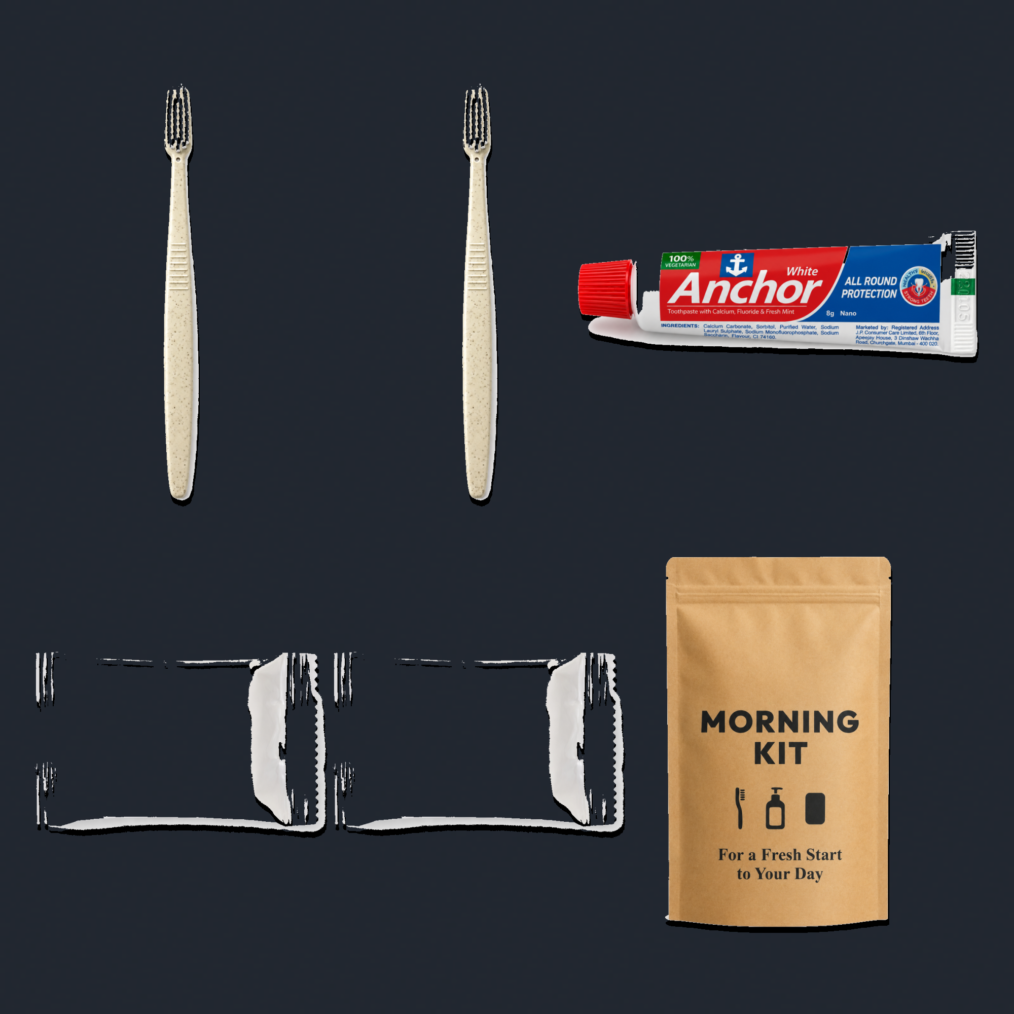 2 Wheat Straw Toothbrushes + Anchor Toothpaste + 2 Bath Soaps Morning Kit