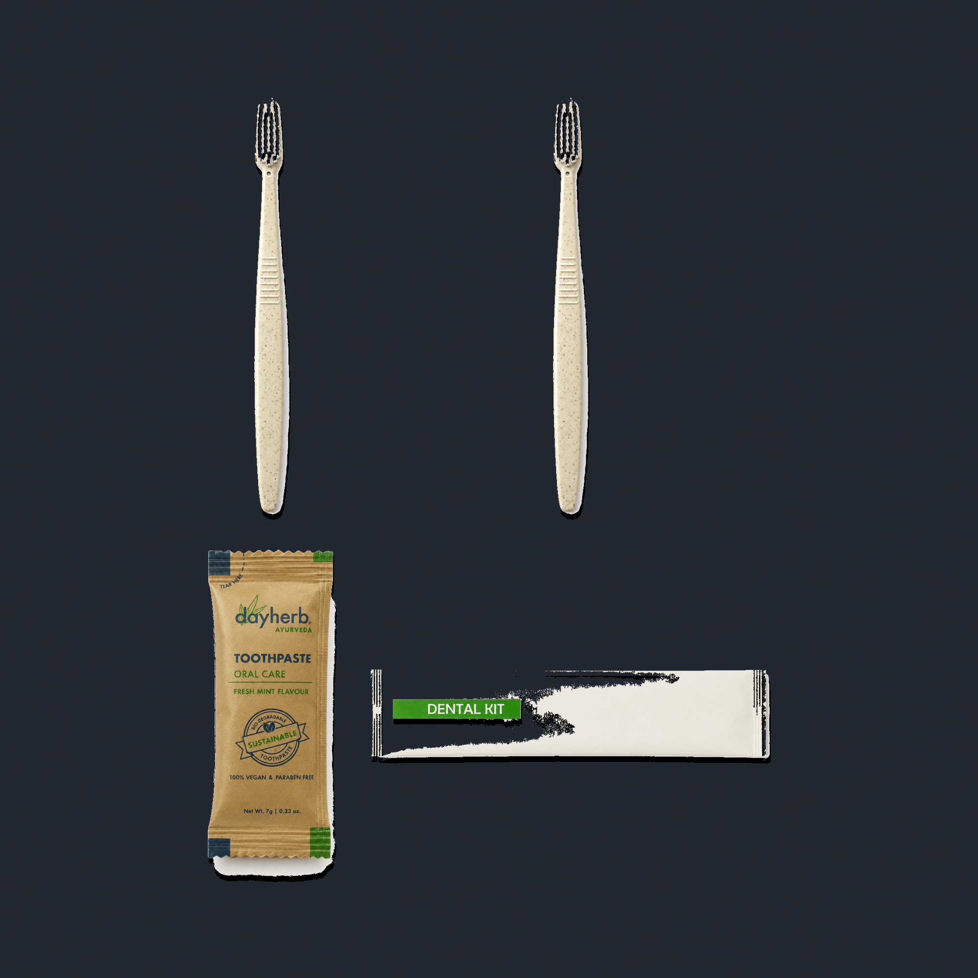 2 Wheat Straw Toothbrushes (White Bristles) & 1 Clayherbs Toothpaste Sachet with Dental Kit Pouch