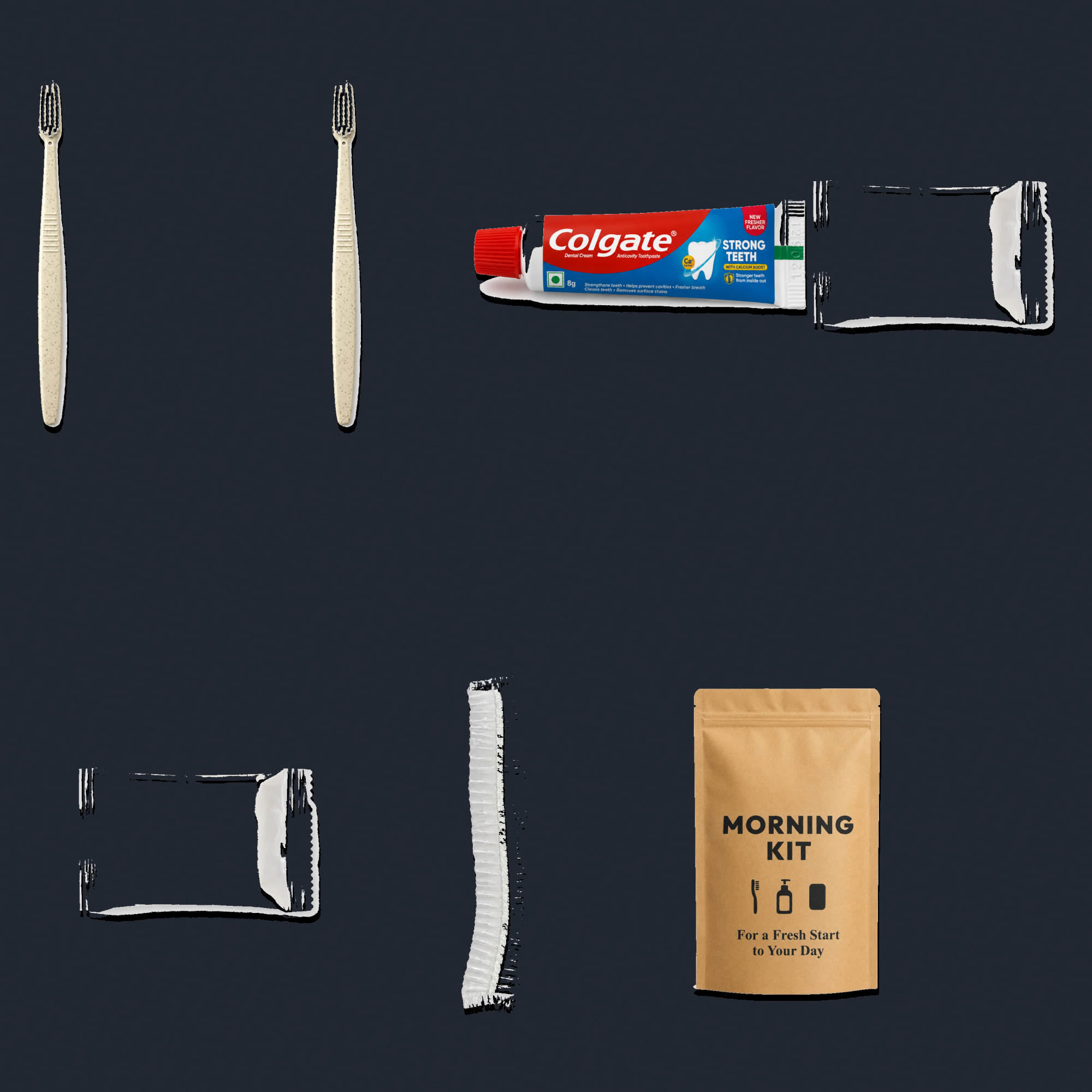2 Wheat Straw Toothbrushes (White Bristles) + 2 Colgate Toothpastes + 2 Soaps + Shower Cap Morning Kit