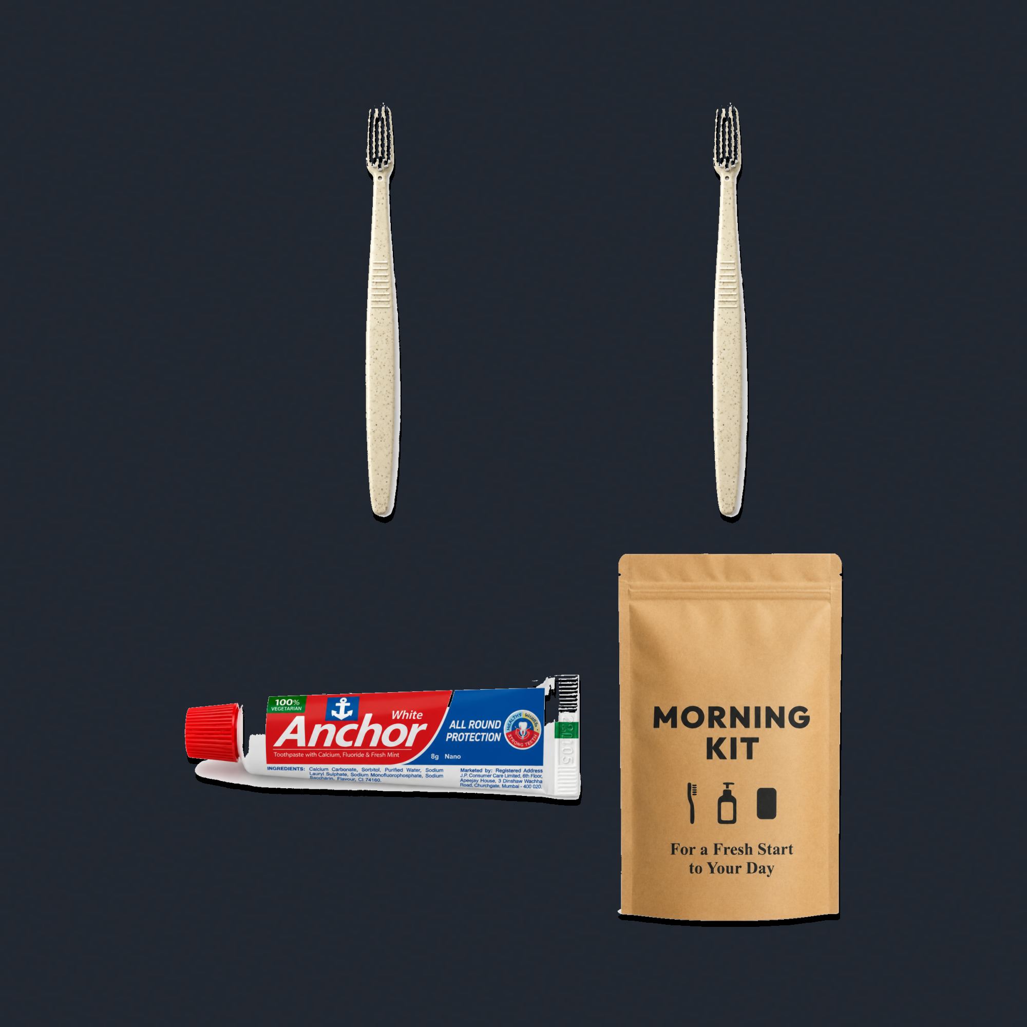2 Wheat Straw Toothbrushes (White Bristles) + Anchor Toothpaste Morning Kit