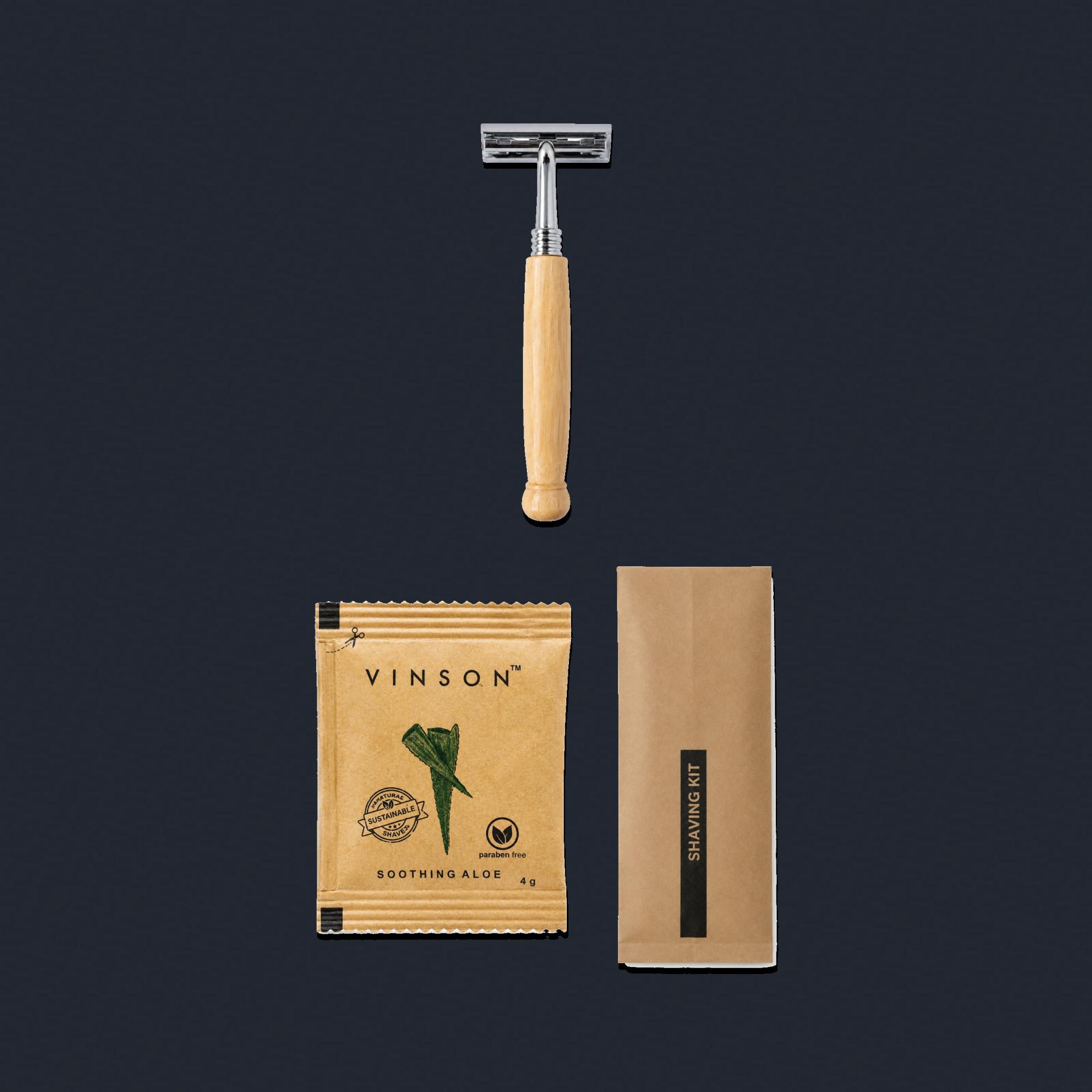 Wooden Razor, Vinson Shave Gel with Brown Comb Kit